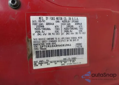 1997 Ford Ranger Splash/Xl/Xlt from USA, damaged, VIN 1FTCR10A3VUC81941